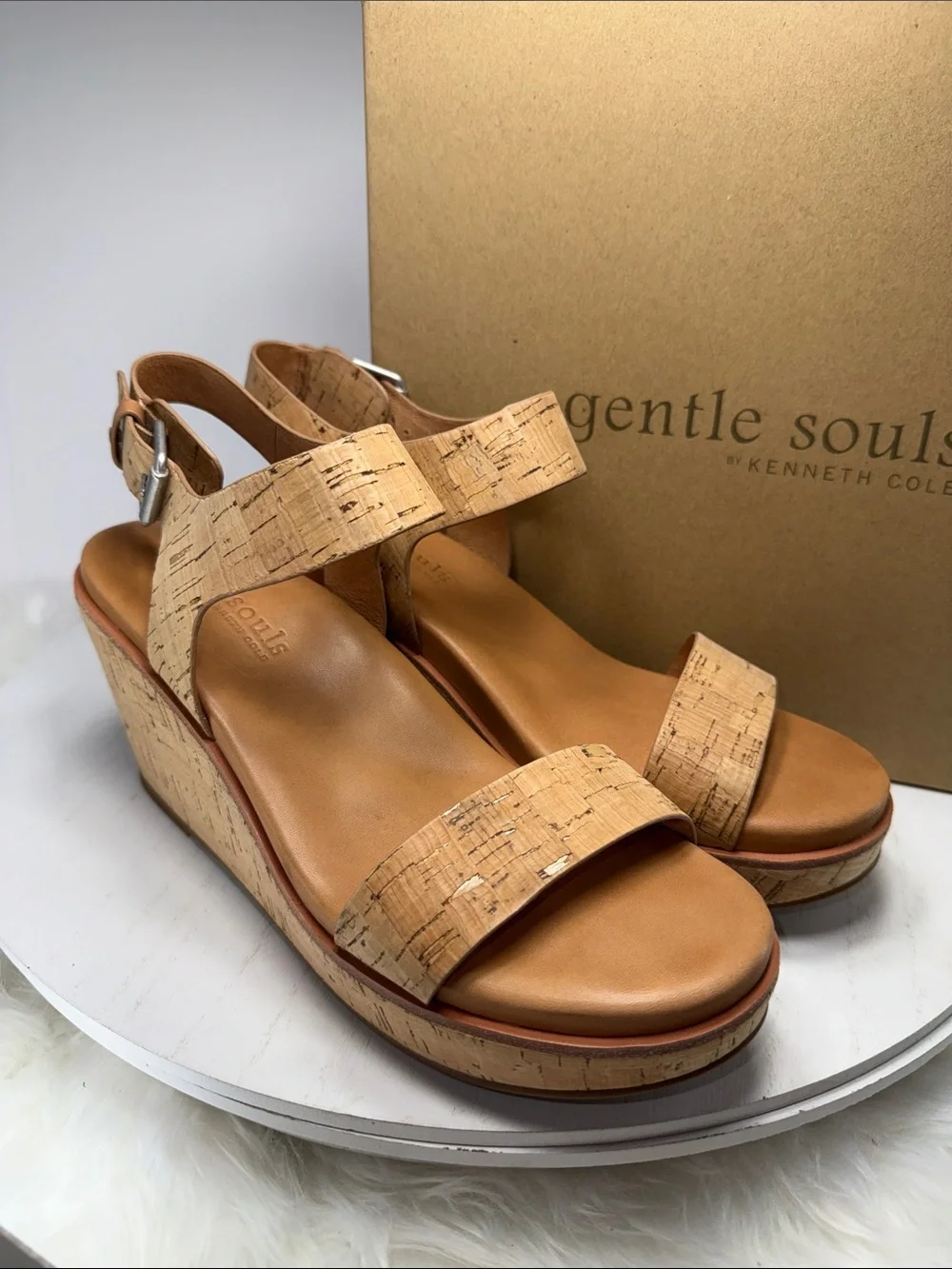 gentle souls Cork Strap Tan Wedge Sandals